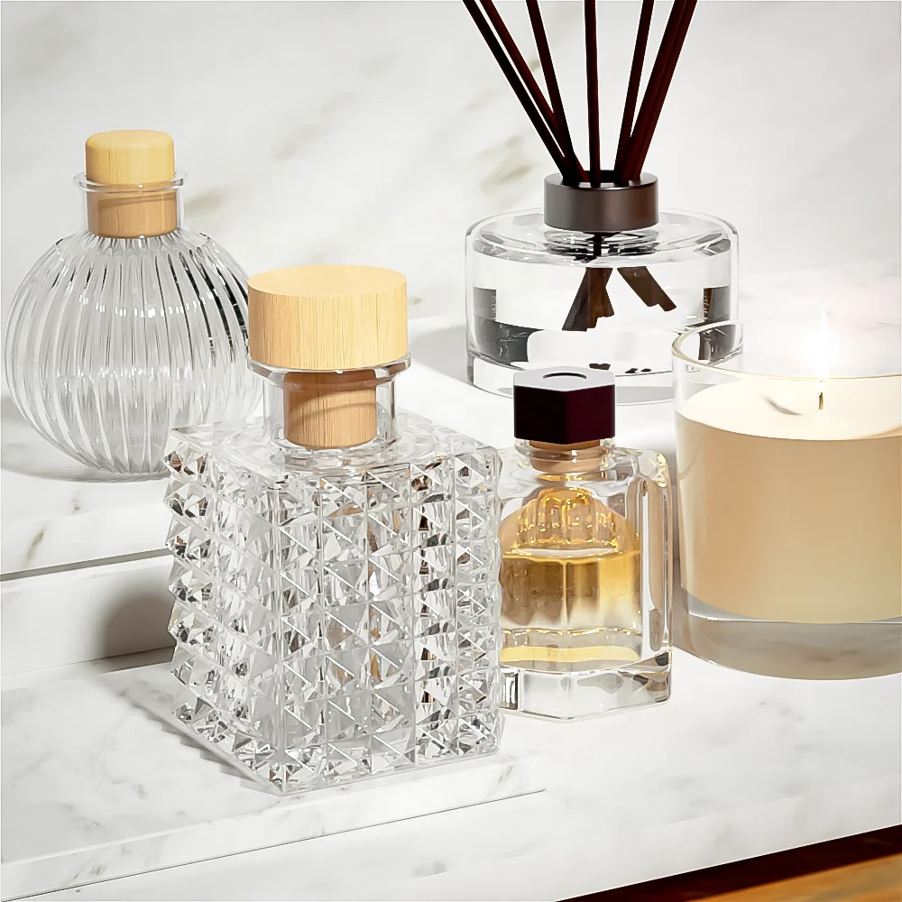 Custom Attar Bottles Ribbed Refillable Perfume Glass Spray Reed Oil Diffuser Bottle with Cork Stopper