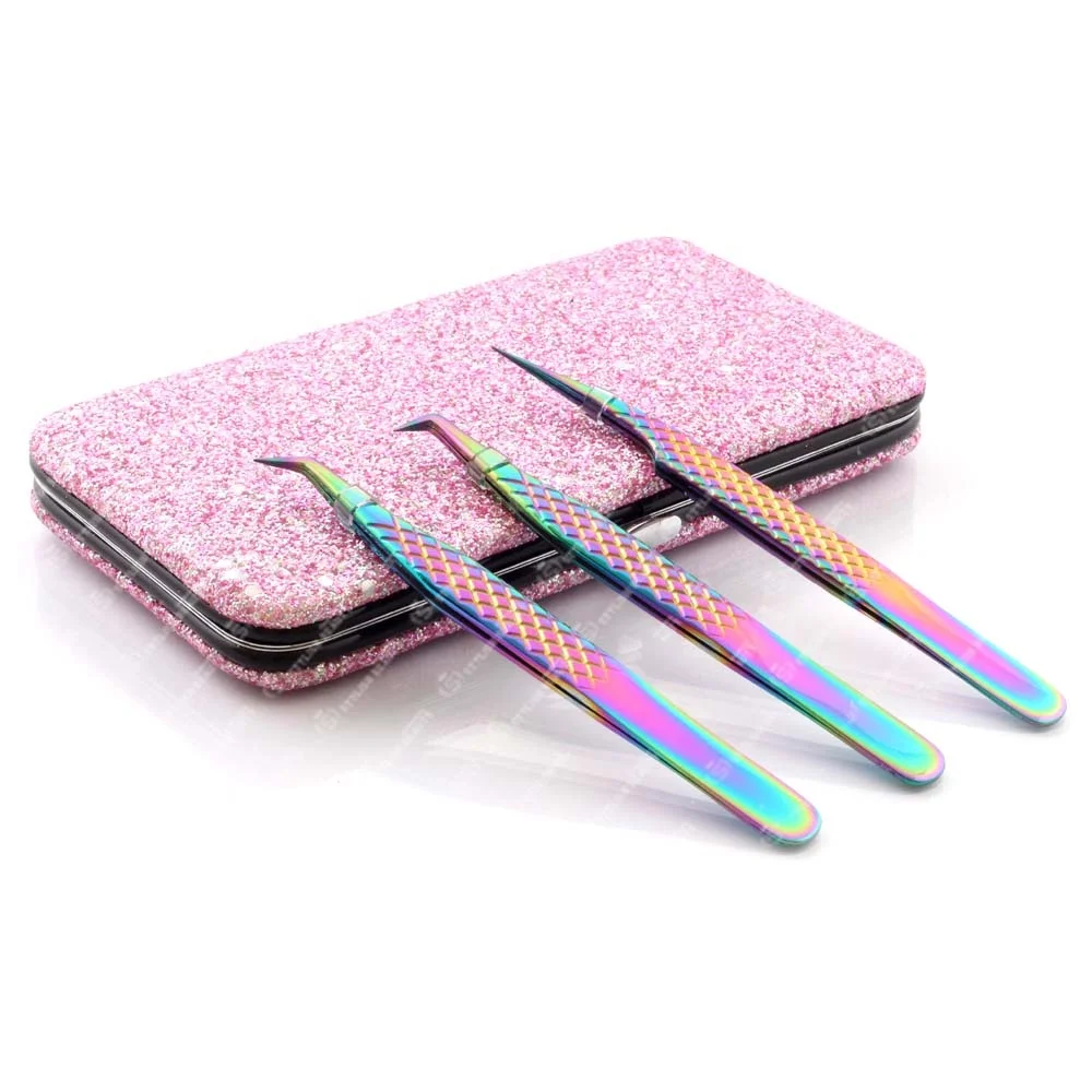 Pink Color Straight Tweezers Eyelash Extension Tweezers Punch color Multi points Custom marking pliers