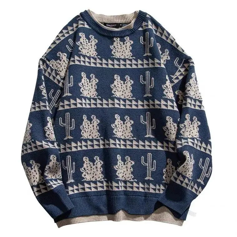 OEM custom men cotton crew neck knitted sweater long sleeve letter pattern vintage stripes pullover letterman sweater