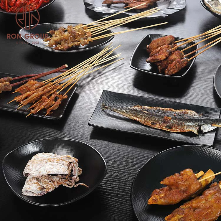 Wholesale good quality restaurant dinner sets tableware black round rectangle sushi plates bowls melamine dinnerware
