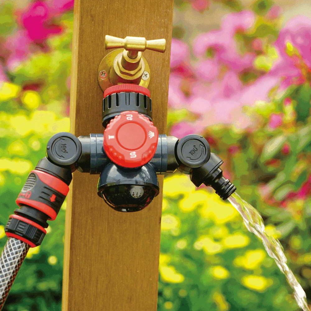 Multifunction 3/4 Tap Adaptor with Two Hose Quick Connectors with 180 and 360 Degree Shower and Center Pattern Hose Connector