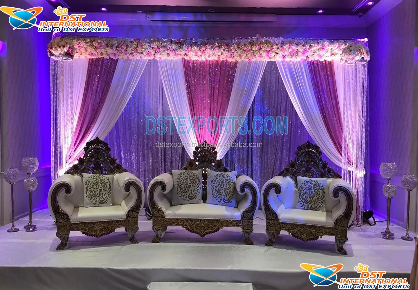 Stunning Silver Finish Bride Groom Sofa Set Asian Wedding Bridal Loveseats for Stage Wedding Silver Stage Throne Sofa Chairs