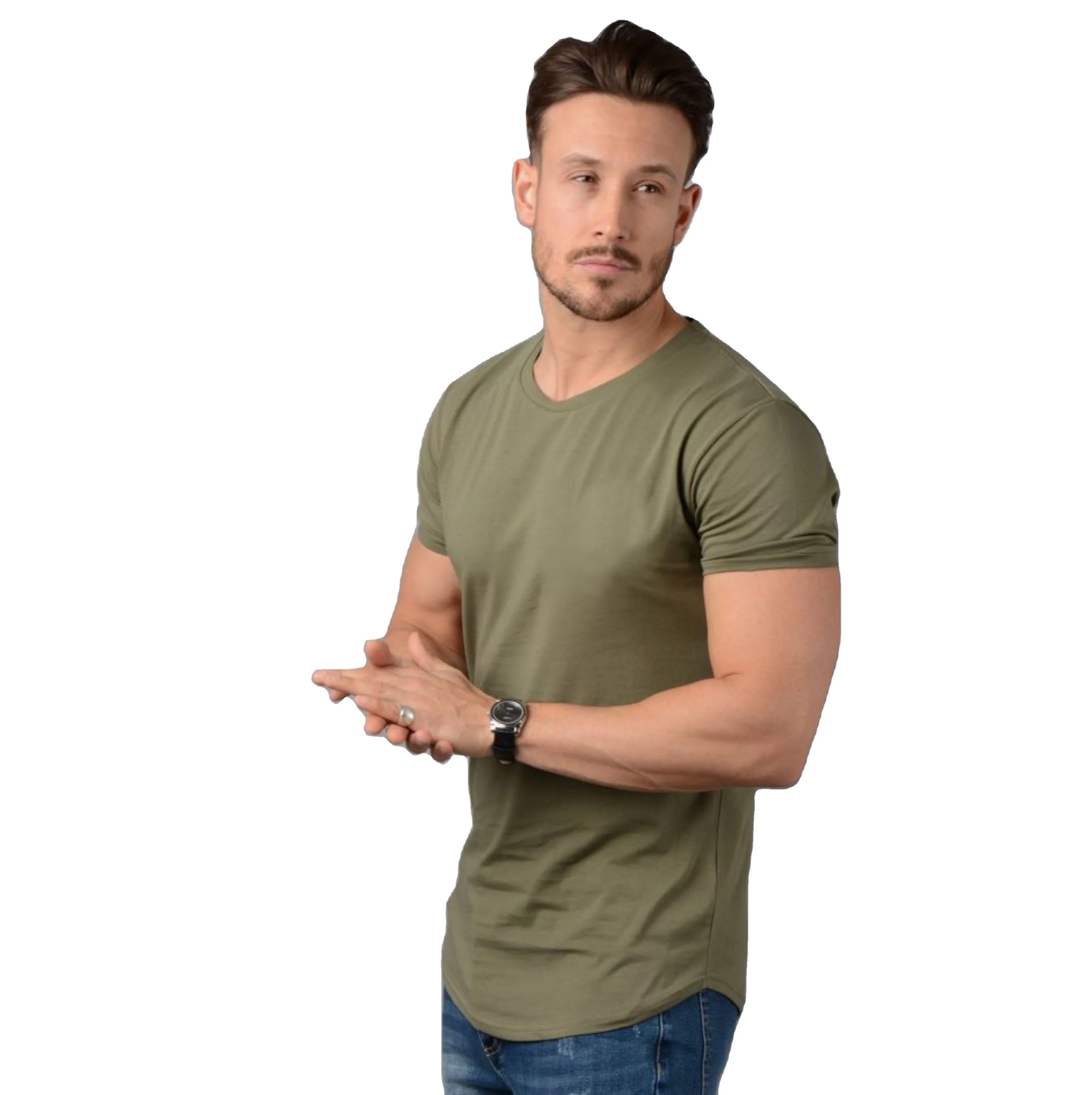 Camiseta 2022 New 95% Cotton 5% Elastane  Mens Slim Fit Longline Tee Shirt Longer Drop  Curved Hem Muscle Slim Fitted Gym Tshirt