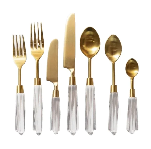 Modern Luxury gold cutlery sets with clear handle for hotel restaurant home and wedding parties reusable brass cutlery sets