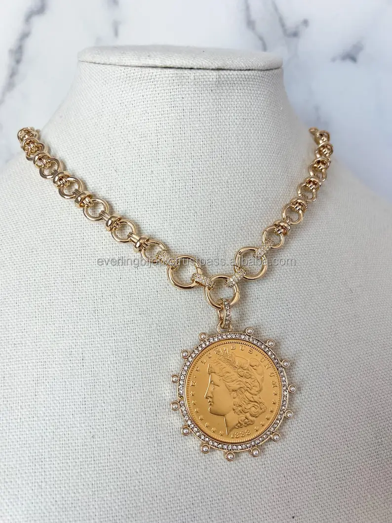 Vintage Coin Necklace Gold Statement Gold Chunky Large Coin Pendant XL Coin Pendant Necklace for Jewelry