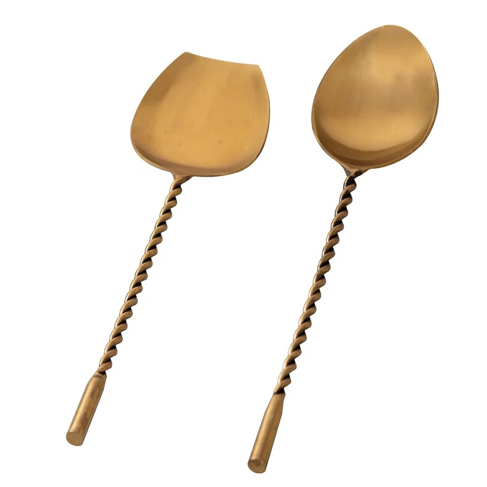 Stainless Steel Gold Polished Handmade Twisted Handle Kitchen Serving Spoon Set with Round Plain End