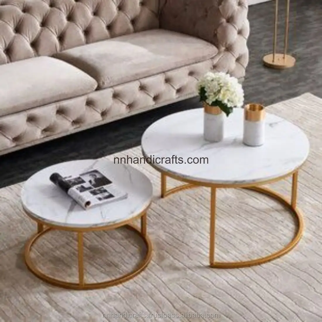 Direct Manufacturer Aluminium Metal Golden Antique Color White Marble Oval Coffee Table Modern Coffee Table For Dining Living