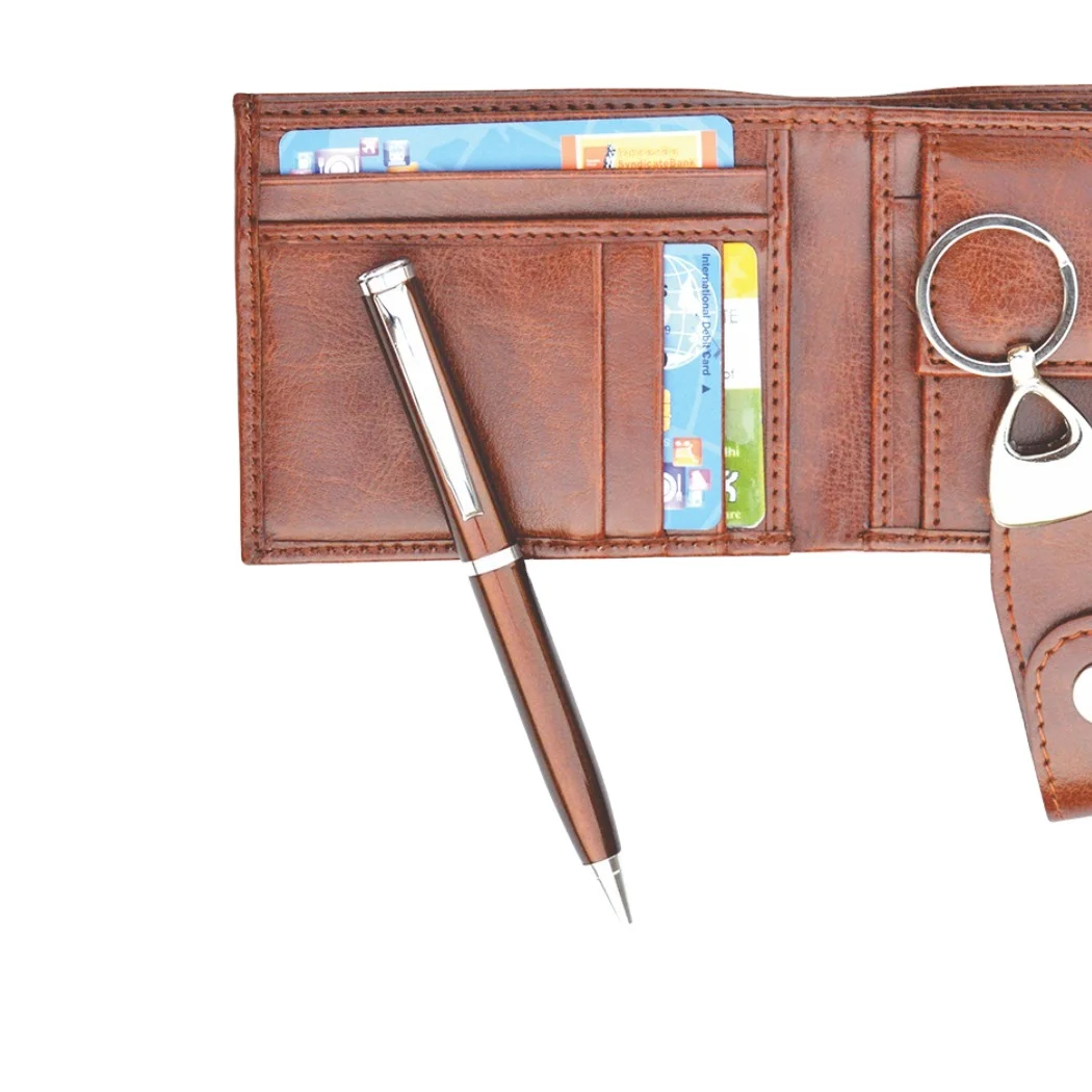 Wholesale Men Trendy Formal Casual Gift Set 3 in 1 PU Leather Gents Wallet Key Ring Ball Pen for Gifting Office Employees