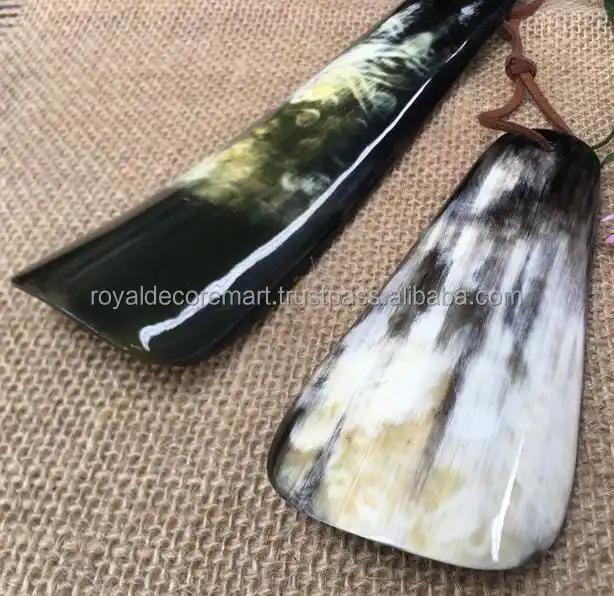 100 % Handmade Natural Buffalo Horn Shoehorn with Logo & leather Holder Easy Shoe Helper sale By Royal Decore Mart