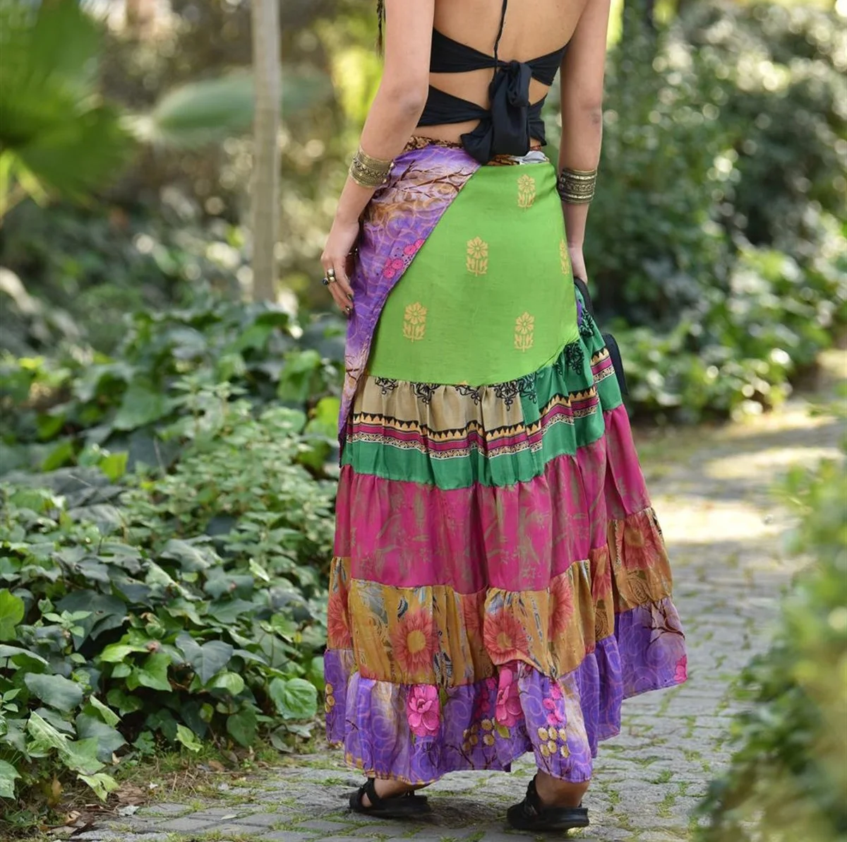 Multicolored Women Wear Indian Sari Silk Frill Skirt