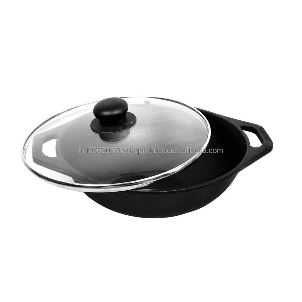 High Quality 12-Inch Non-Stick Cast Iron Kadai Wok for Home Hotel Hot Cookware Heavy Base Cooking Serving Flat Bottom Induction