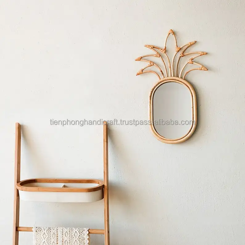 Fruit Shape Rattan Mirror For Bathroom Modern Decorative Wall Hanging Mirror Woven Rattan Bronze