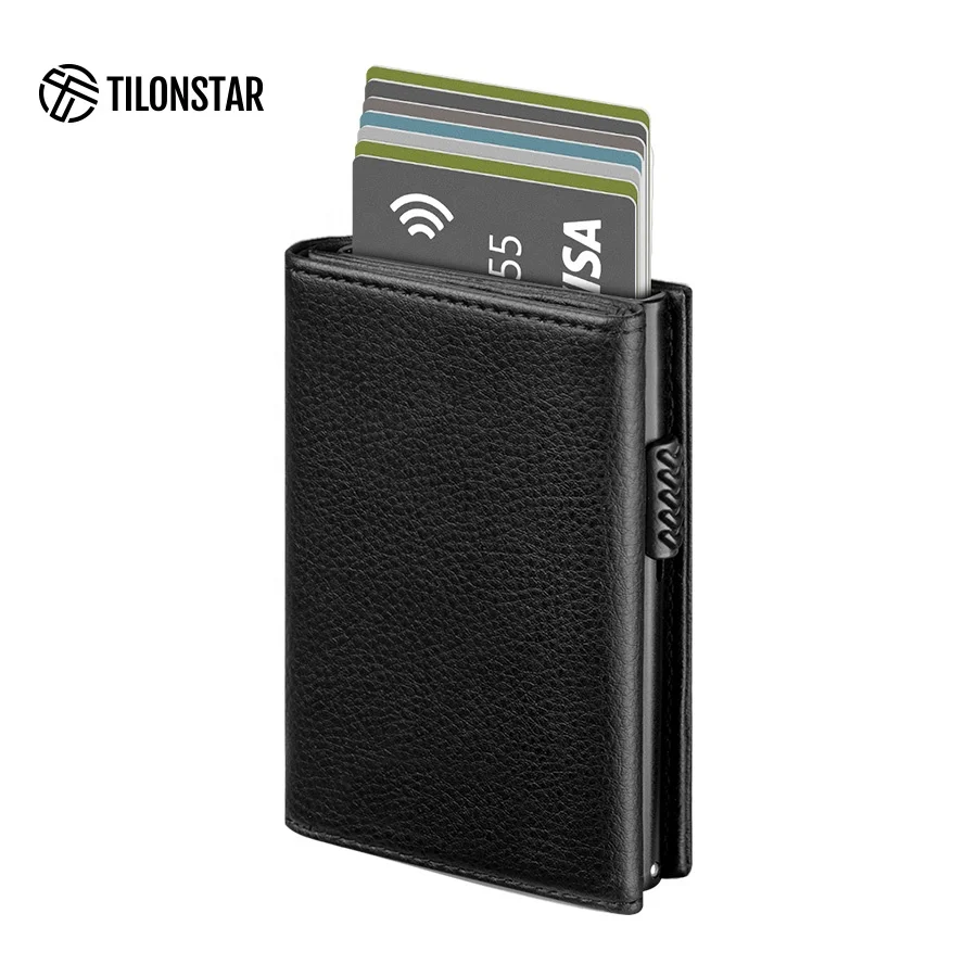 TILONSTAR TVC302L оптовая продажа кожаных бумажников с рисунком личи, алюминиевые всплывающие кошельки Rfid блокирующие держатели карт для мужчин