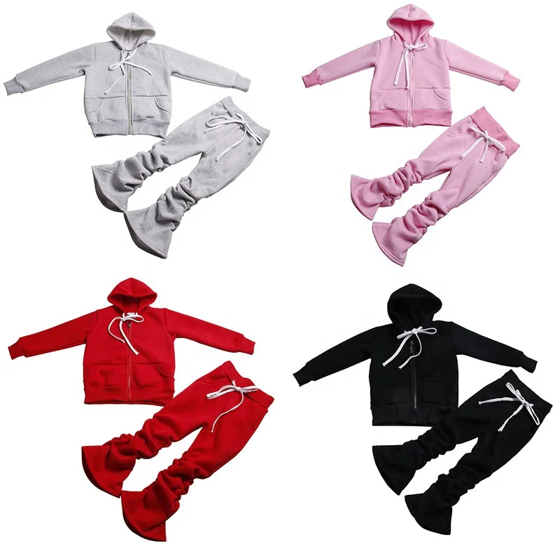 Wholesale Boys Girls Zipper Sweatsuit Stacked Pants Fleece Hoodies Tracksuit Baby Girls Clothing Jogger Sets Winter