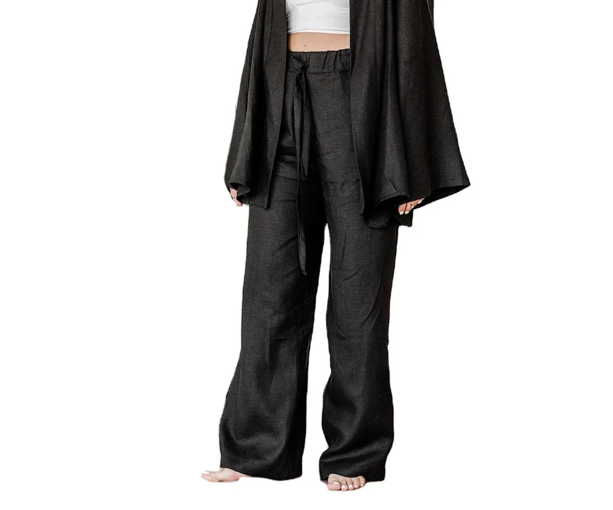 Custom Two Piece Black women linen pants kimono harem lounge wide leg parachute baggy sweatpants organic yoga boho trousers for