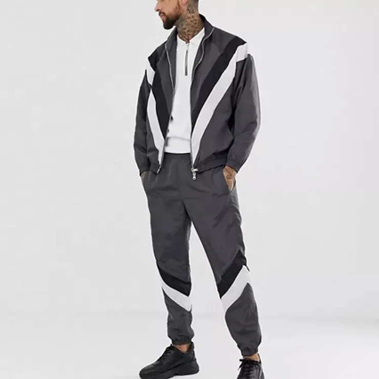 custom full zipper up lightweight tracksuit nylon contrast stripes jogging wear suits for men