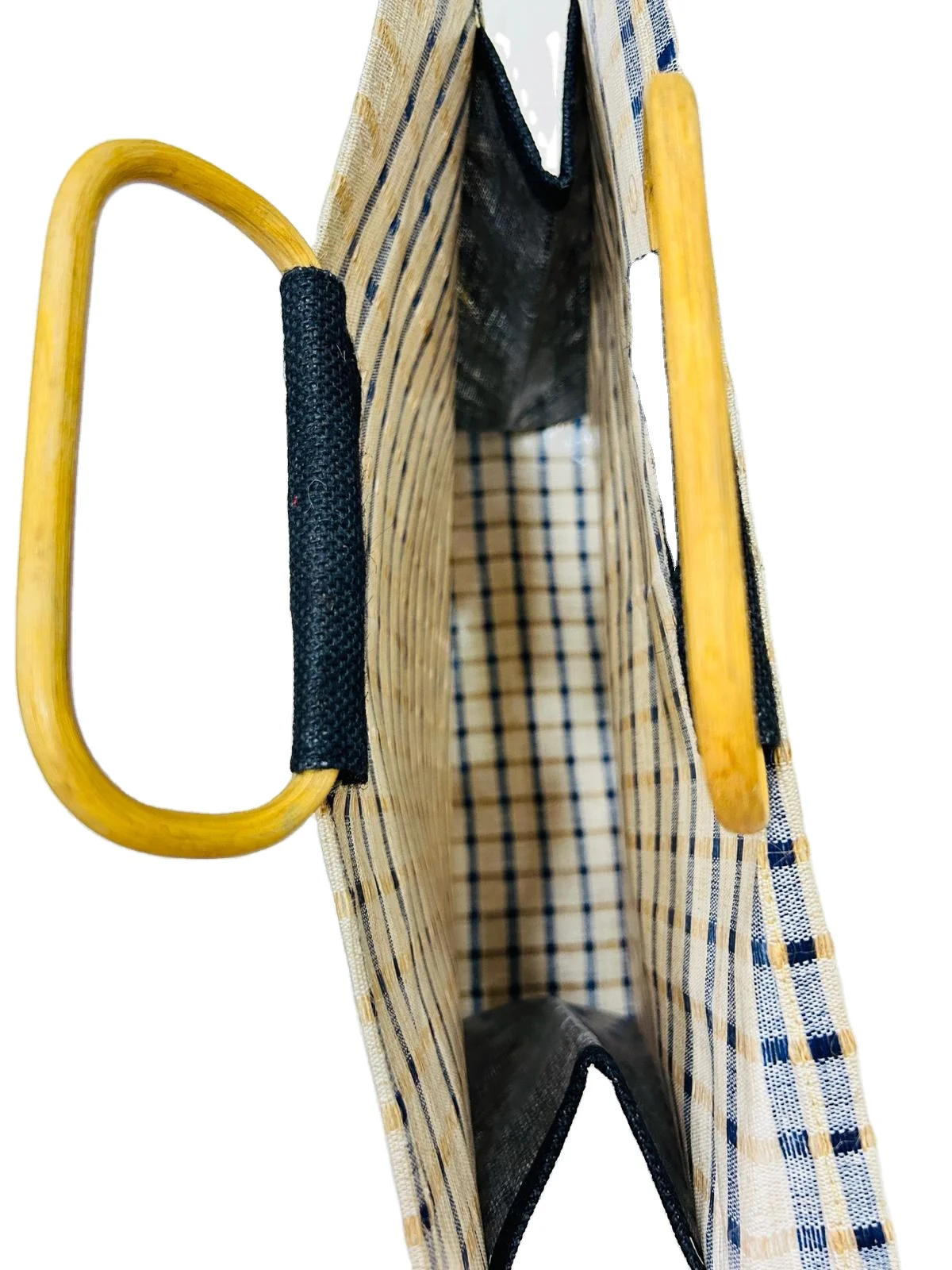 Premium Fashion Tote Bag Bamboo Handle Custom Stripe Design Zipper Canvas Burlap Travel Supermarket Shopping Gift Use Custom