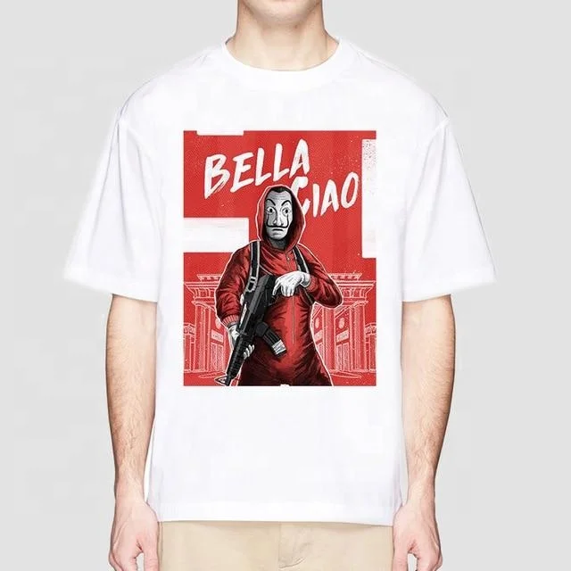 La casa de papel Bella Ciao OEM Custom wholesale printed Embroidered Money Heist 100% cotton tshirt men 2021 unisex Low Moq