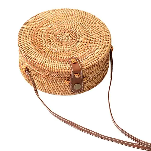 
Hot selling custom logo bali bags handbags rattan Hand made Willow Round Rattan Lady Bag with Leather Strap 2021 