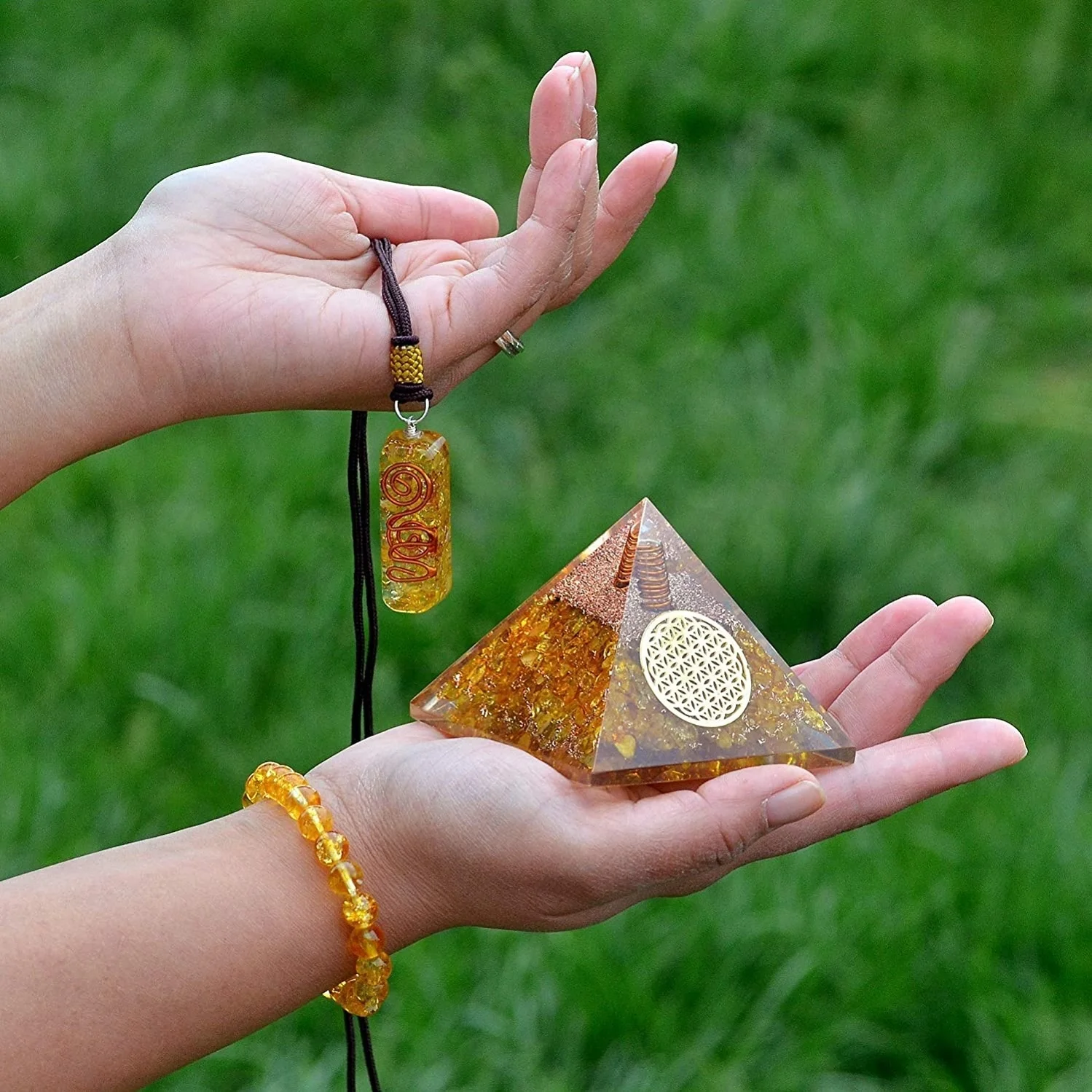 Natural Citrine Orgone Pyramid With Orgone Energy Pendant and Reiki Bracelet Citrine Orgone Sets