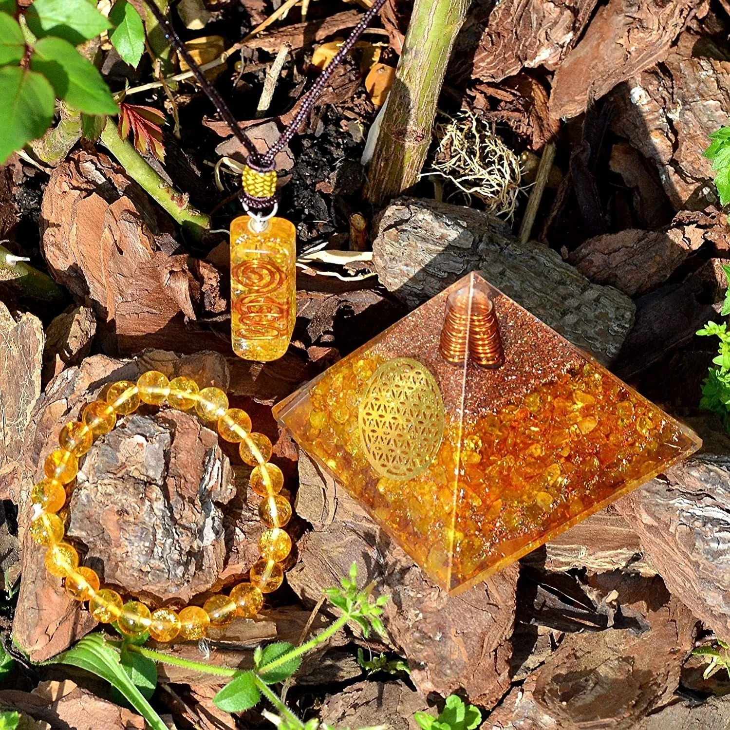 Natural Citrine Orgone Pyramid With Orgone Energy Pendant and Reiki Bracelet Citrine Orgone Sets