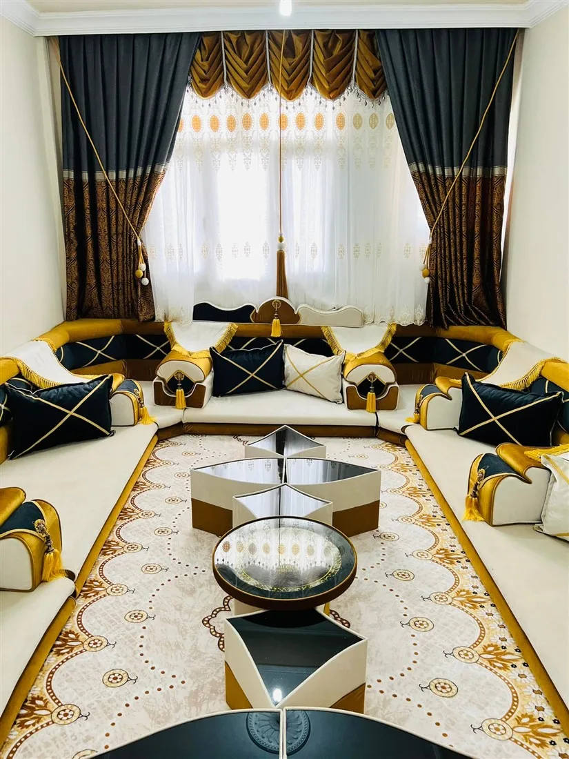 Ottoman Style Sofa Arabic Majlis Oriental Floor Seating | Sitting Height 15cm  |  Sofa + Wool Carpet + Curtain + Table Set FULL