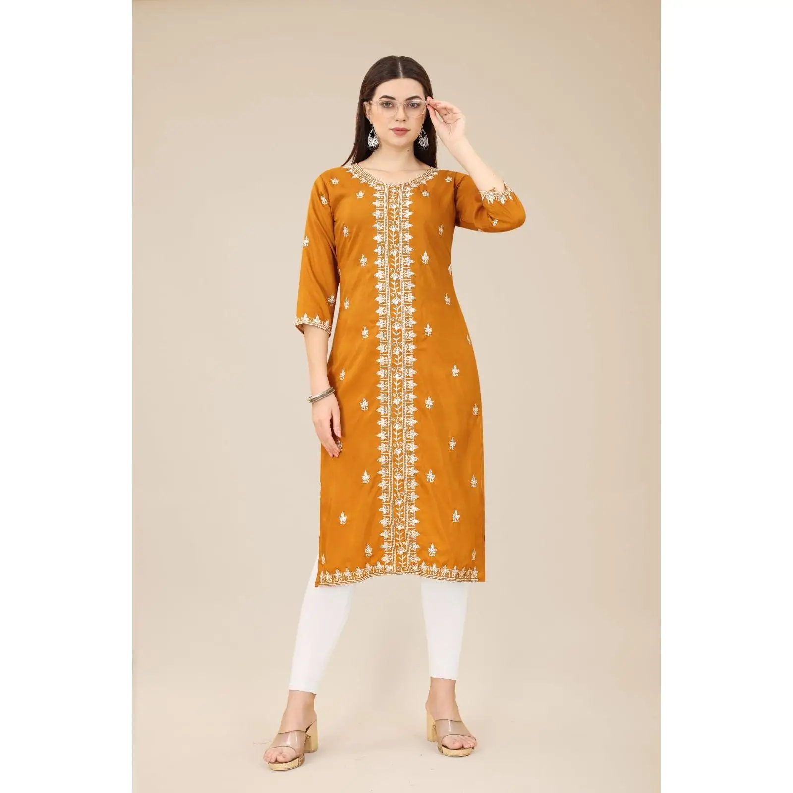 Причудливый мягкий Блестящий шелк CHIKANKARI только KURTI желтый
