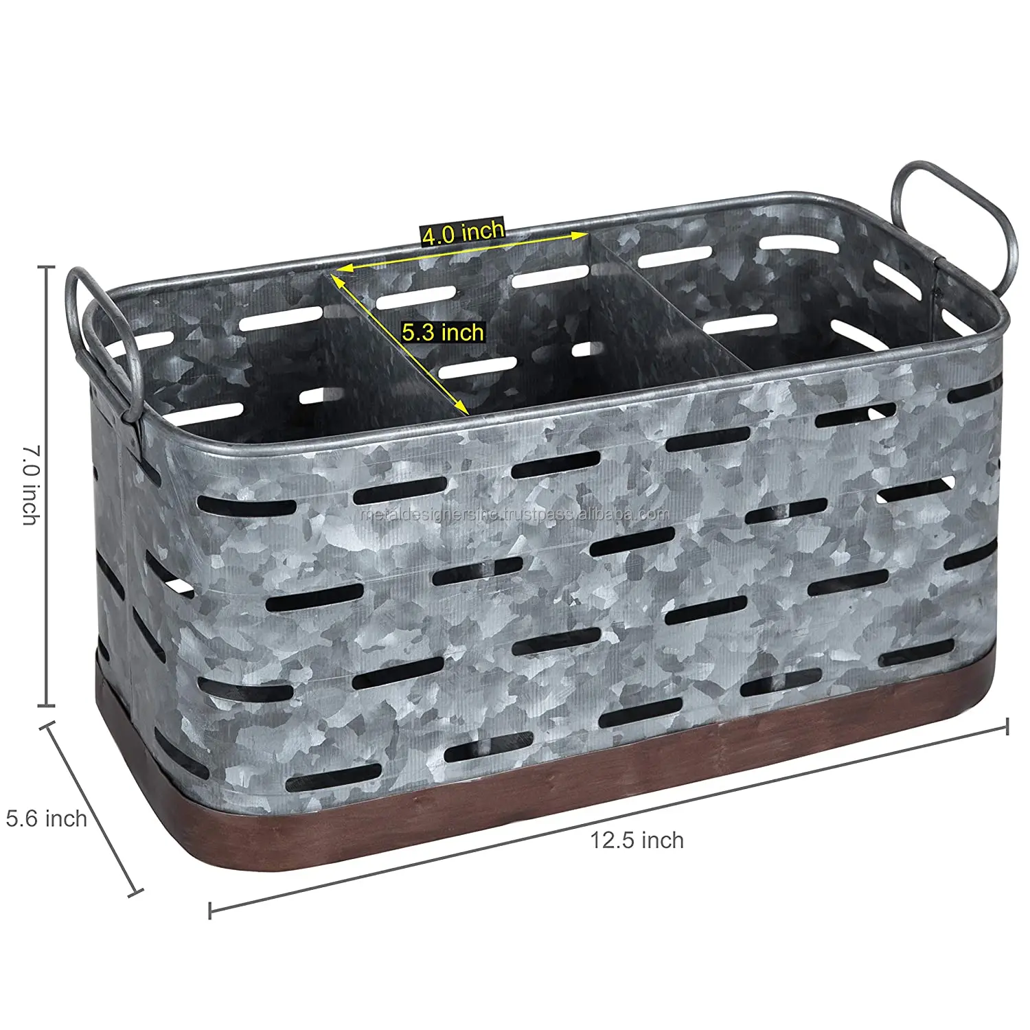 3-Compartment Copper and Galvanized Metal Kitchen Utensil Holder with Handles, Galvanised tableware rustic bottom caddy