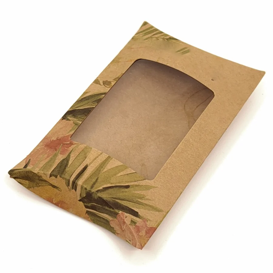 Beautiful Vintage Floral Design Kraft Paper Snack Packaging Pillow Box With Transparent Window