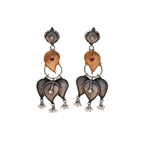 Resplendent Jali Design Ruby Stone Stone Studded Oxidised Silver Womens Earrings for Casual and Daily Wear at Best Selling Price