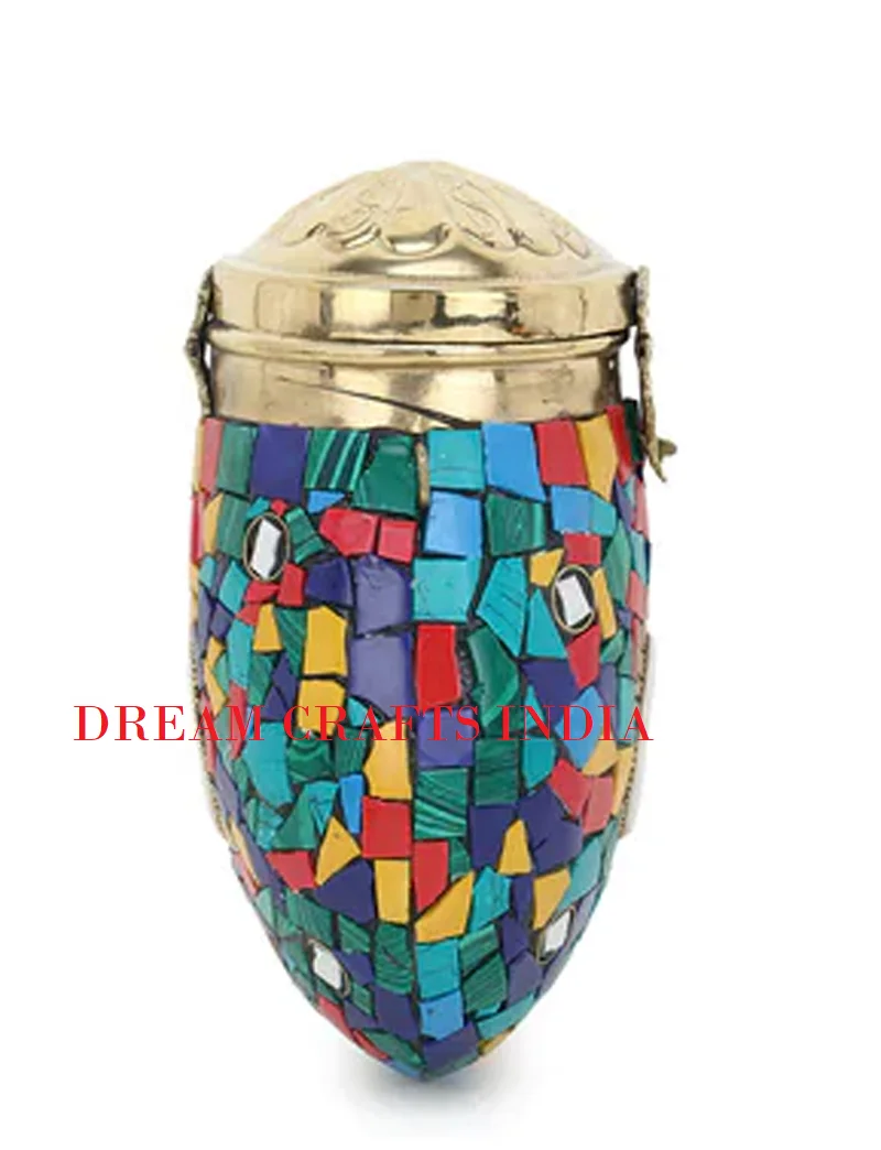 Multi Color Mosaic Clutch Bag Hand Crafted Unique Firoza Ladies Metal Sling Bags Bulk buy Golden Ball Lota Shape Indian Handbag
