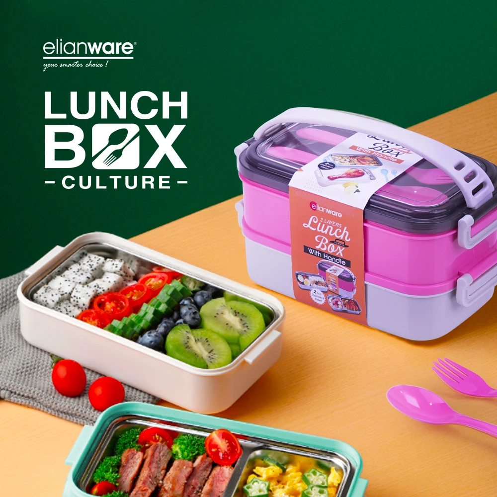 Elianware Eco Friendly High Quality Two Layer BPA Free Plastic Bento Lunch Box with Utensils Fork & Spoon