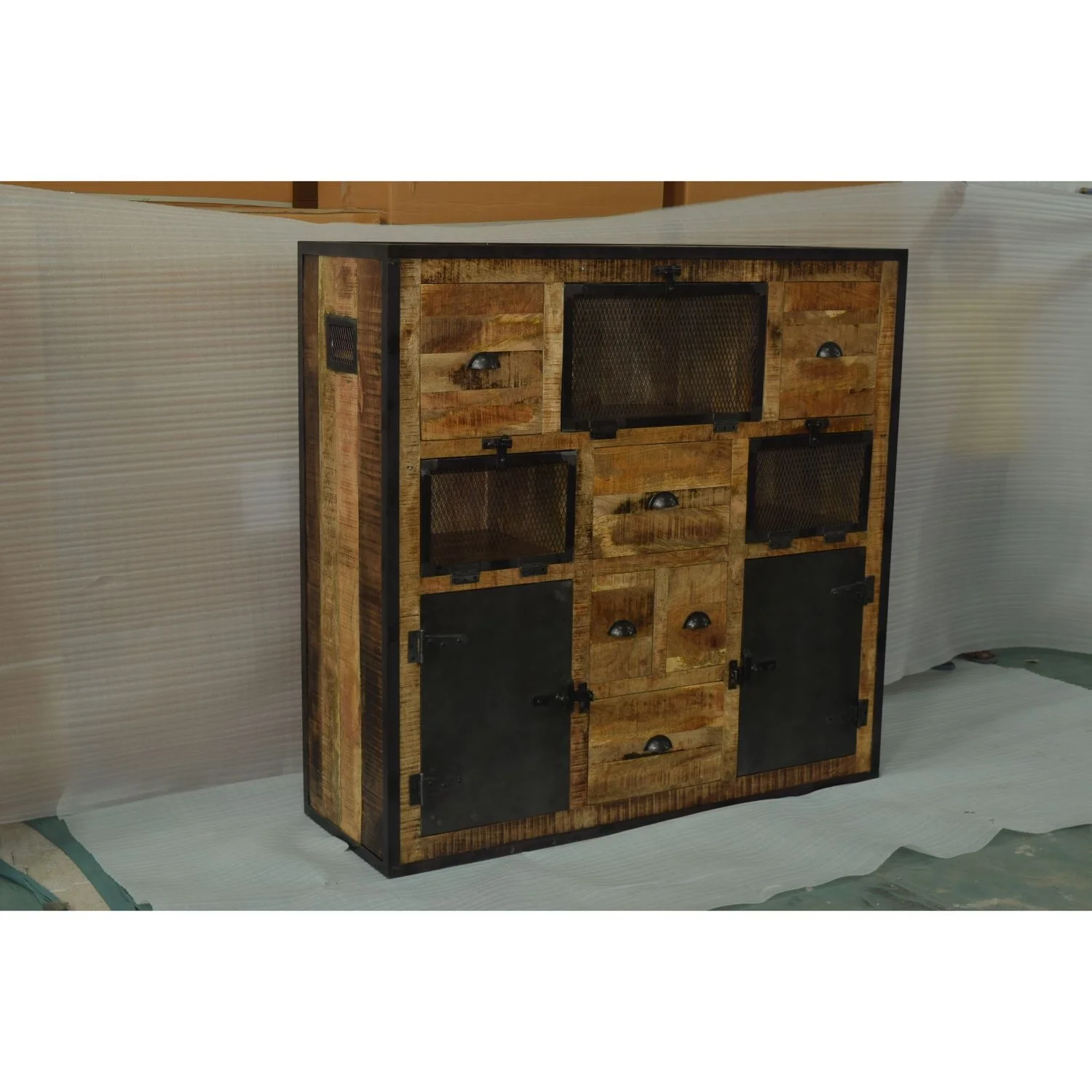 Industrial Modern Solid  Mango Wooden Metal Door  Sideboard Bed Room Workshop Living Room Cabinet