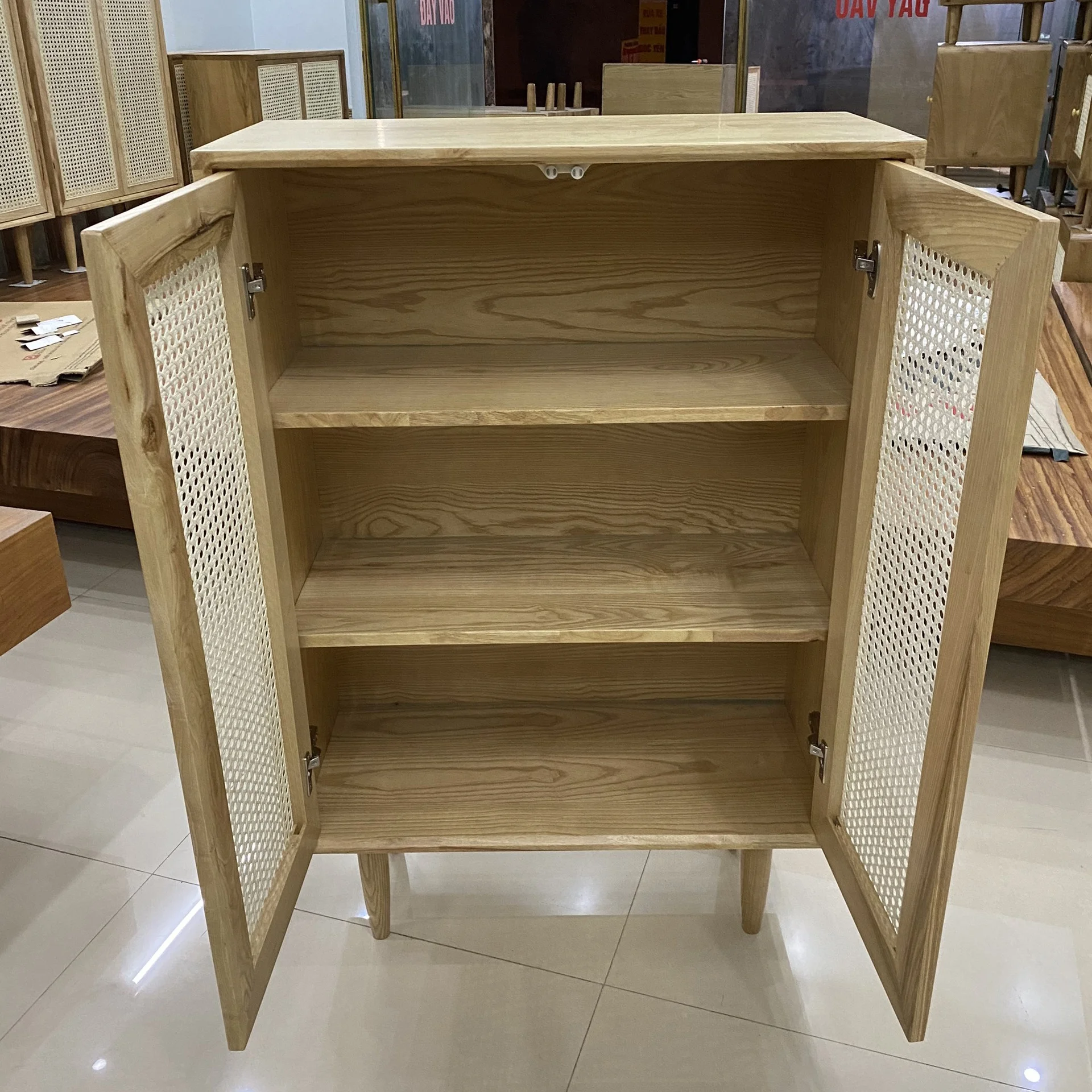 High end 2 door rattan front wooden cabinet made in Vietnam