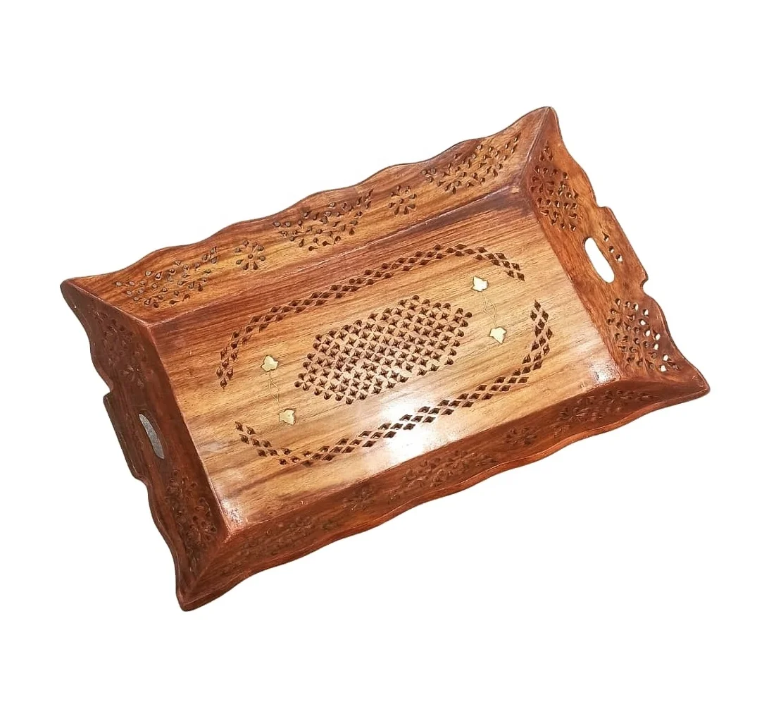 Made in India Rectangle Round Food Serving Real Wood Tray with Handles Unfinished Wooden Trays