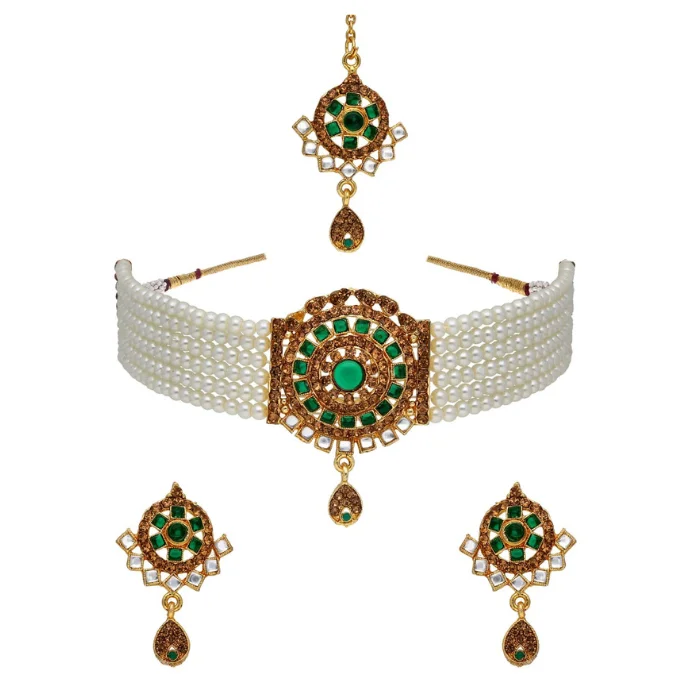 Traditional Choker Necklace Set in Gold finish Green Artificial Stone Indian Pearls Choker Necklace with Earring and Maang Tikka