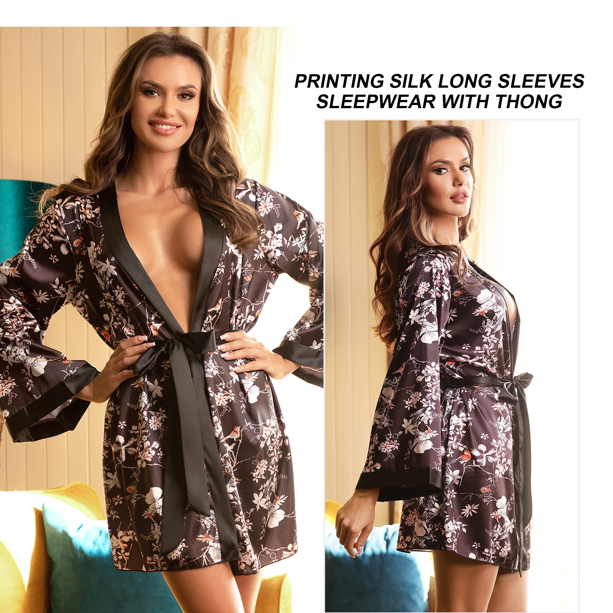 Ready to ship long sleeves floral print above knee length kimonos ladies homewear satin robes women