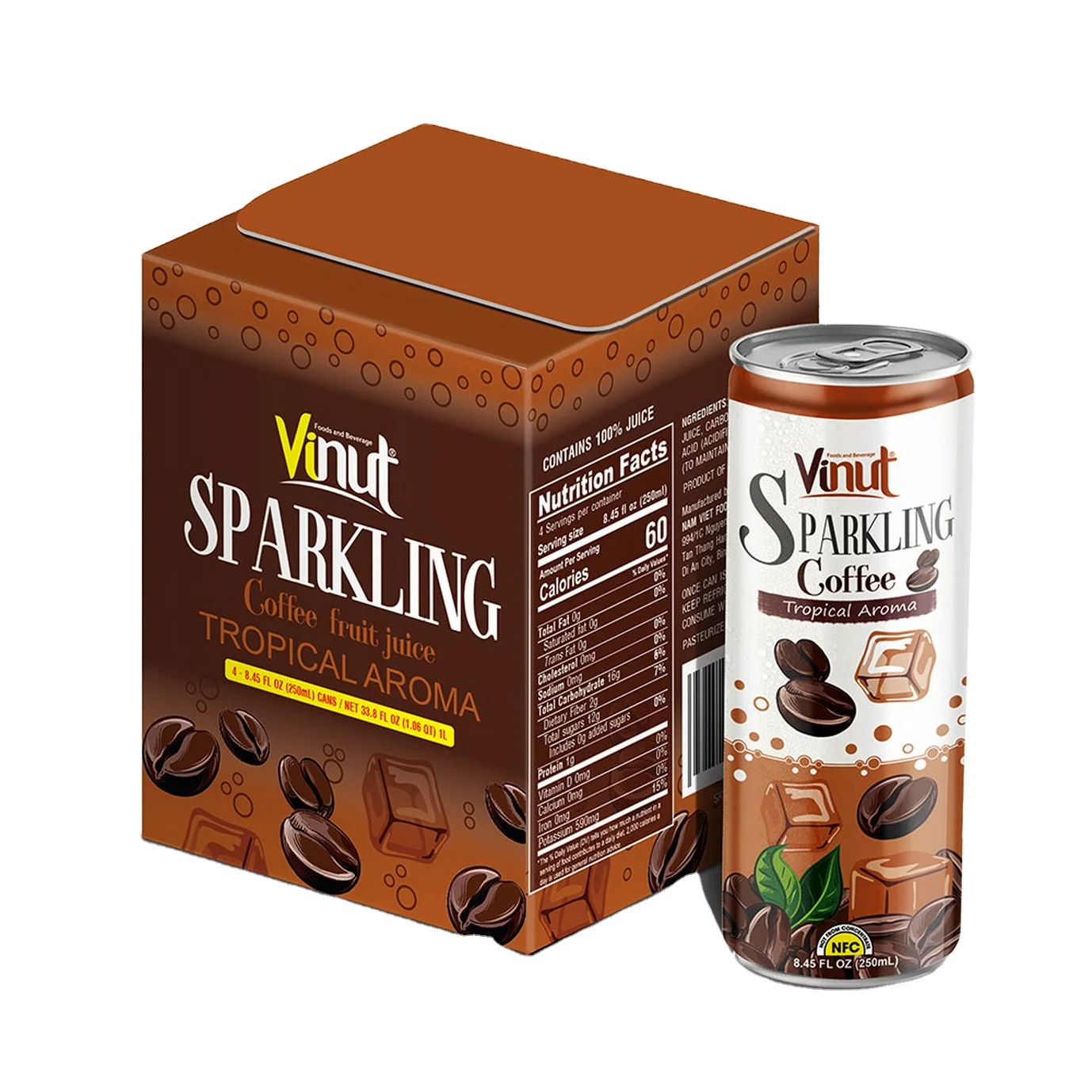 
250ml Carbonated Soda Soft Drink VINUT Box 4 Cans Tropical Coffee Aroma Manufacturer Directory Quick delivery OEM Beverage 