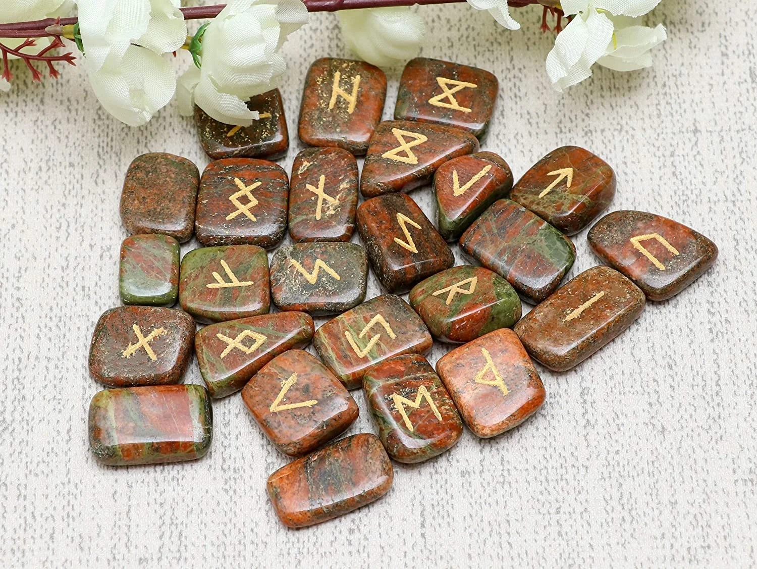 Набор рунических камней Unakite с гравировкой старый Futhark Рунический алфавит языческая надпись руны викингов