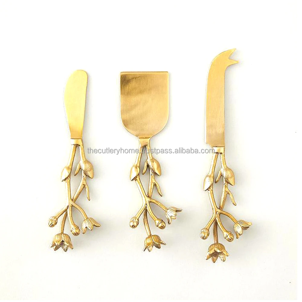 Stainless Steel Cheese Set with Rustic Handmade Brass Nickel Platted Handle Decorative Brass Cheese Set