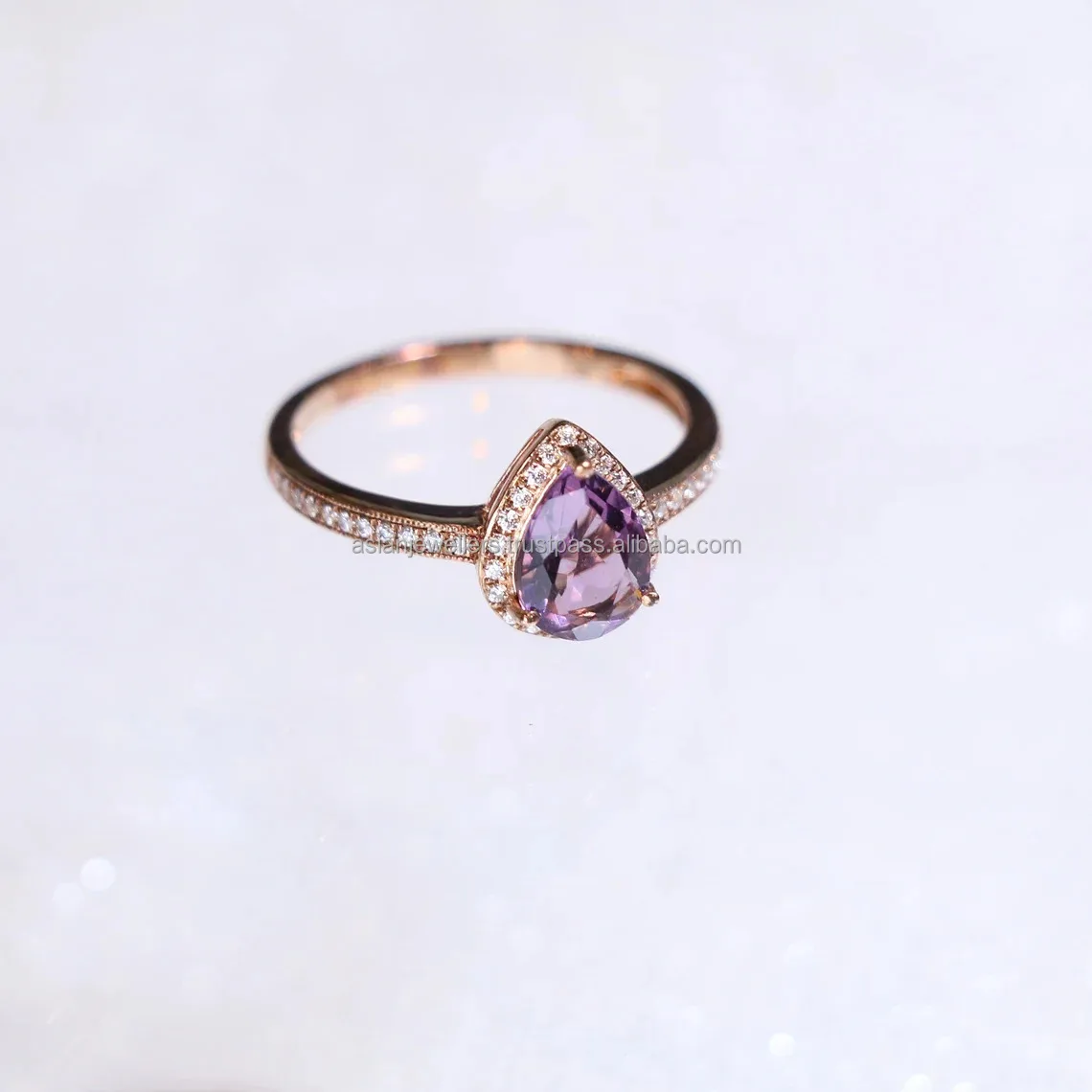 925 Sterling Silver Pear Amethyst Halo 14K Rose Gold Plated Natural Amethyst Engagement Halo Ring handmade silver jewelry