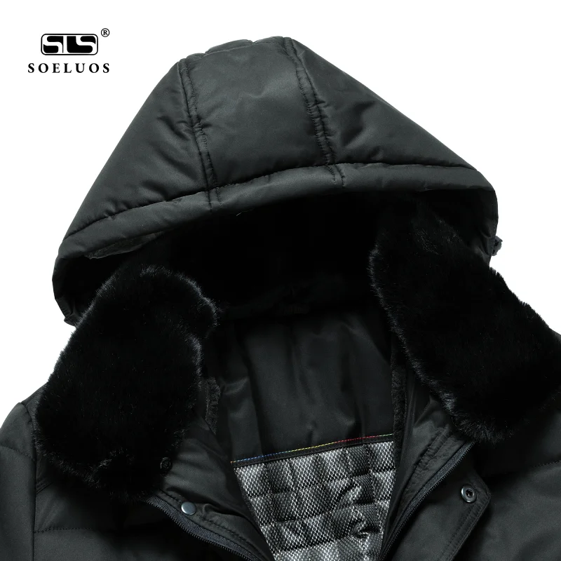 SOELUOS New Winter Fur Collar Hooded Long Quilted Cotton Jackets Business Casual Coats Overcoat For Men