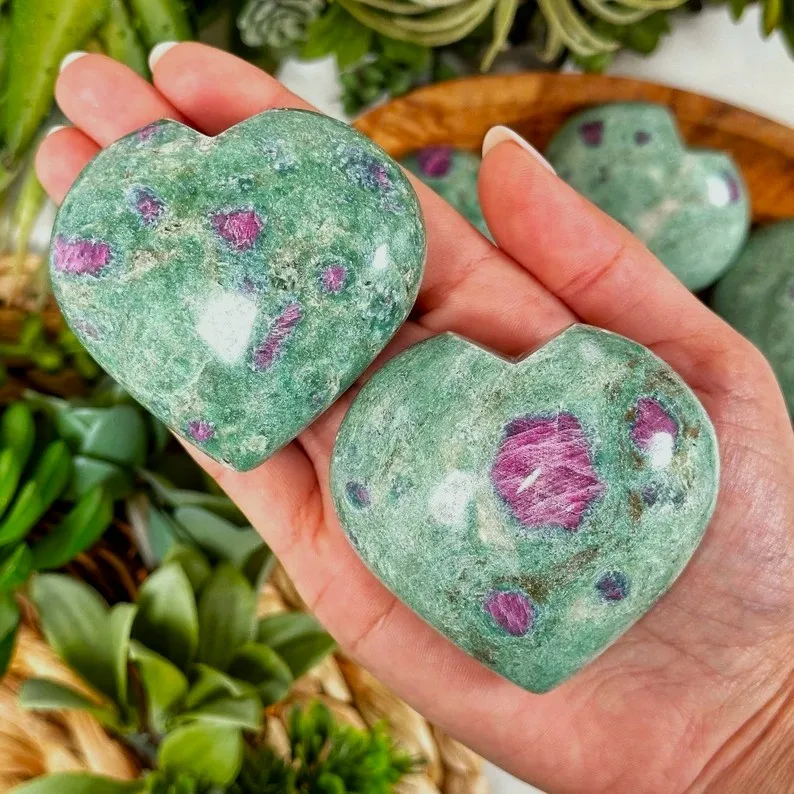 Natural Ruby Fuchsite Puffy Hearts With Nice Little Rubies Polished Ruby Fuchsite Crystal Hearts Fengshui Decoration And Gifts