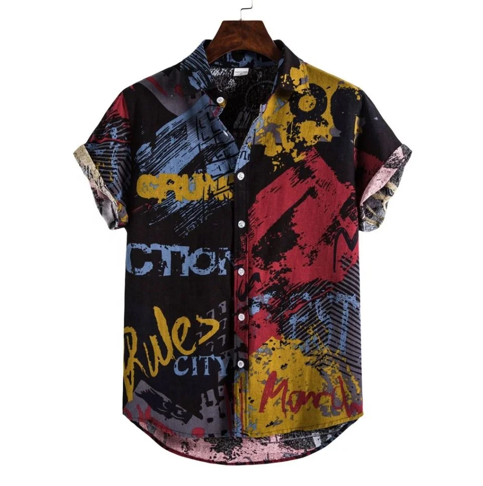 New Stripe Shirts Men Cotton Linen Print Short Sleeve Button Shirt Blouse Top Mens Fashion Vintage Clothing