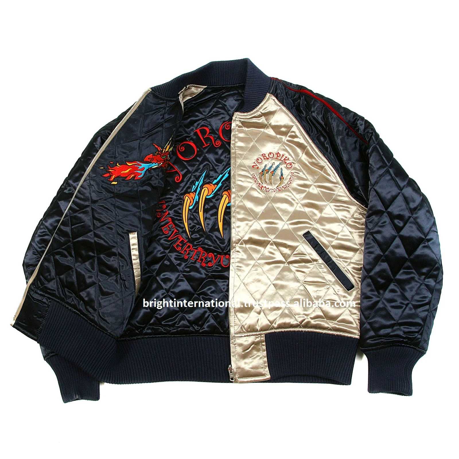 
OEM Custom Varsity Silk Reversible Quilted Jacket with Embroidered Claw Hungry Dragon Japan Bomber Jackets black body Plus Size 