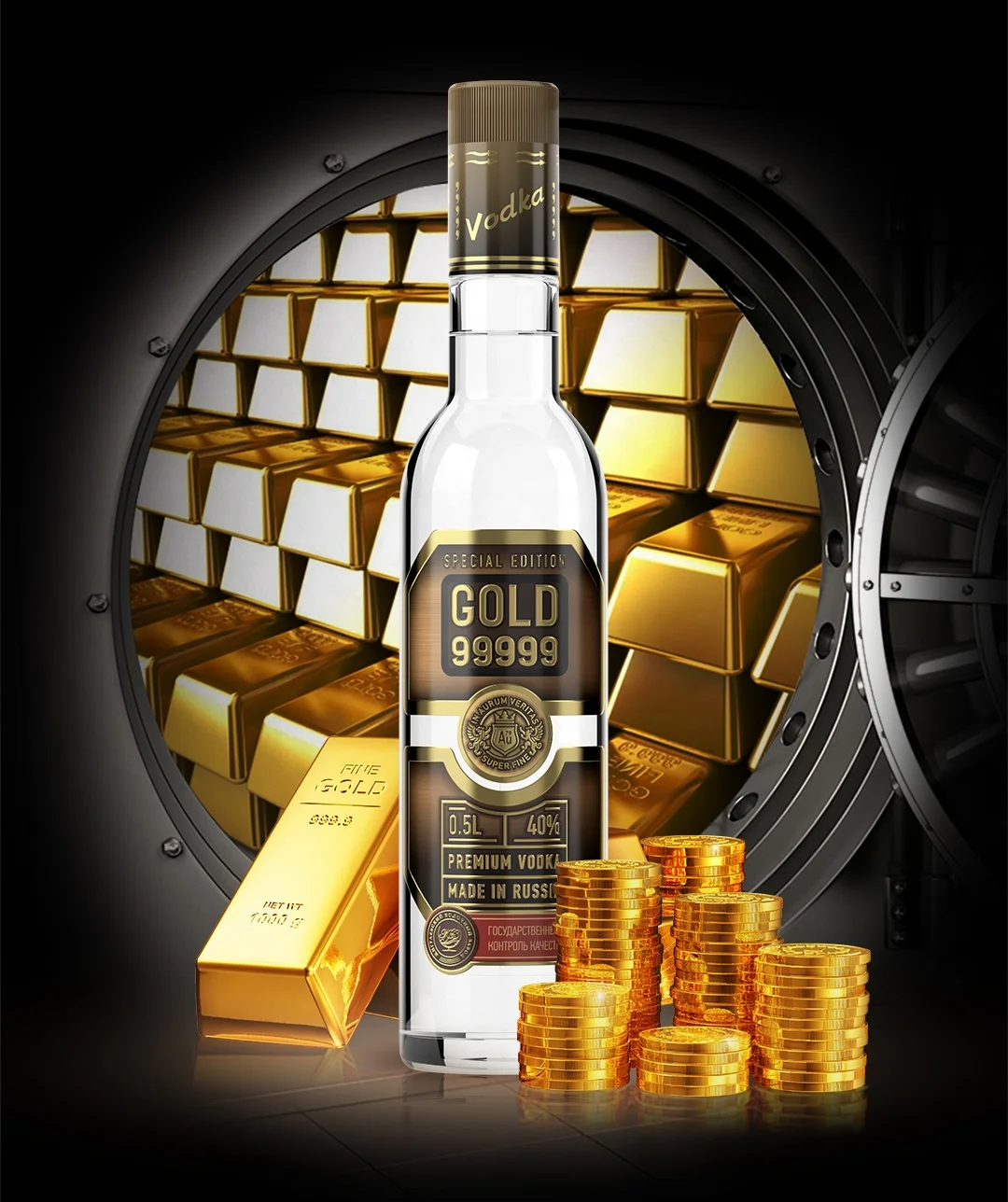 Стеклянная бутылка для спирта высокой чистоты класса «Люкс» (40% alc.) Водка с золотым корнем, 250 мл, 99999 золото