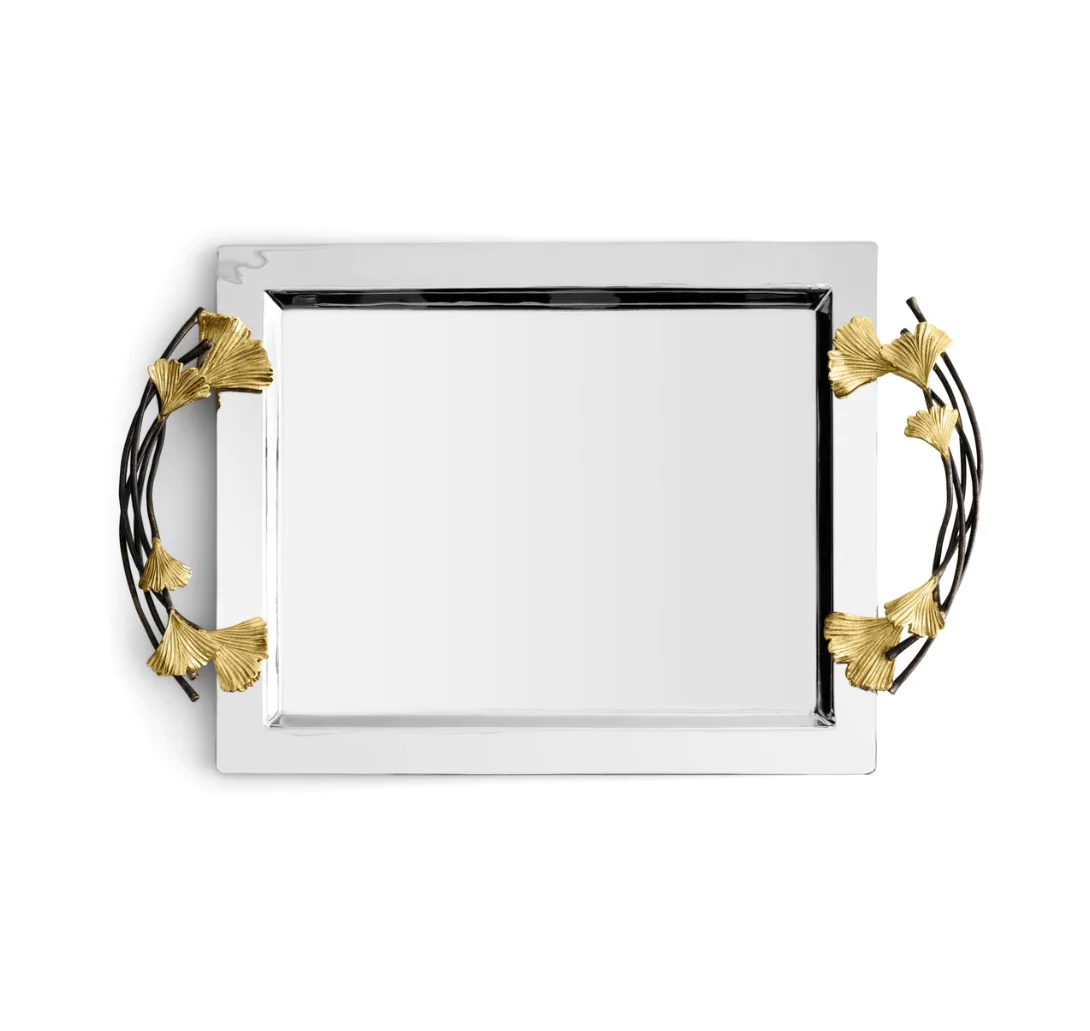 Luxury Stainless Steel Rectangle Tray Large Tray Golden Collection Natural and Oxisidised Brass stems and Leaves Delicate Design