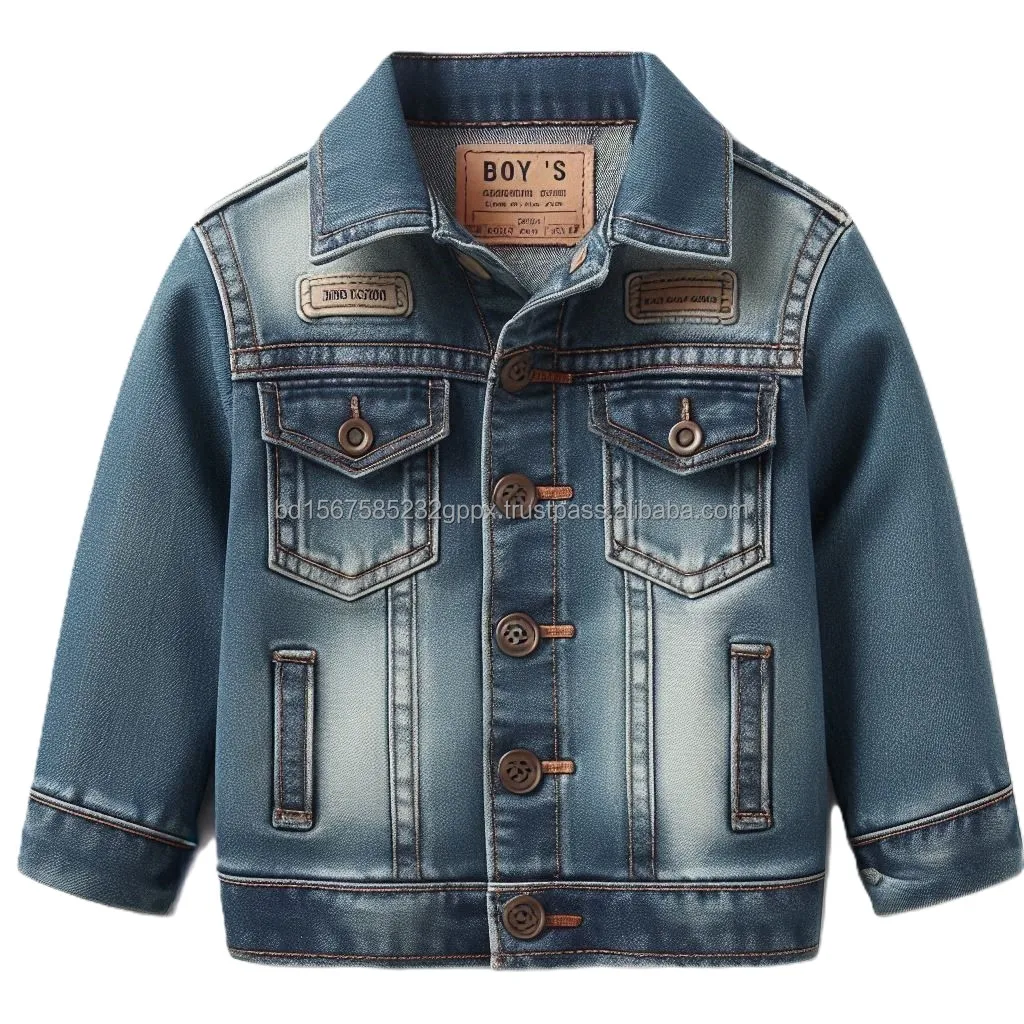 OEM Wholesale Jeans Jackets 8-11 ozs Cotton Washed Woven Denim Unique Designs Trending Styles Fashionable Denim Coat for Kids