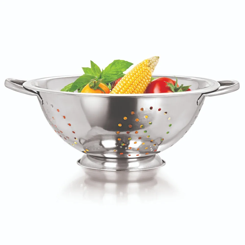 Multipurpose Stainless Steel Deep Colander Strainer With Fruit Design Cutting For Home Kitchen