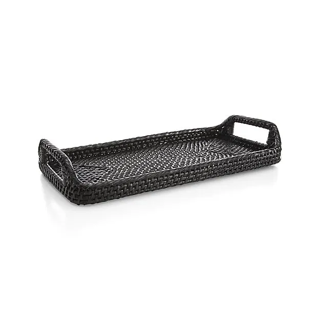 High Quality Black Rattan Storage Tray With Handles Hand-braided Eco-friendly Sustainable Coffee Table Tray for Home Decoration